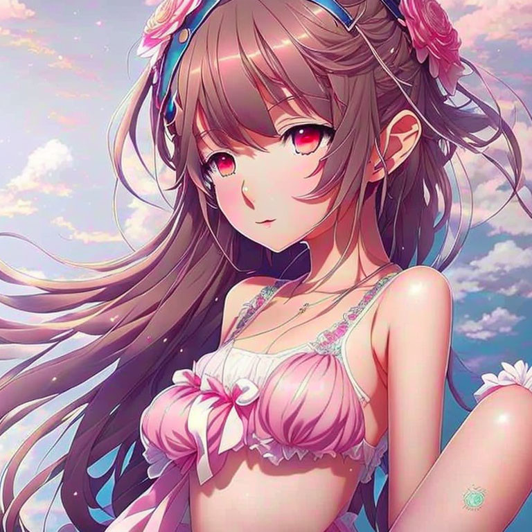 Long brown hair, red eyes, pink flowers, frilly outfit against cloud background