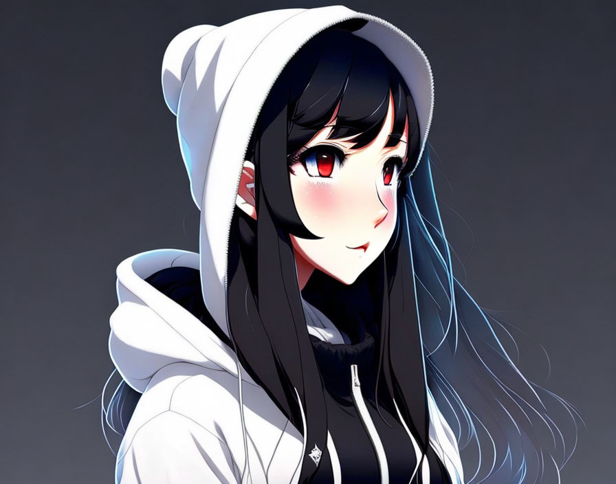 Long Black-Haired Anime Girl in White Hoodie on Dark Background