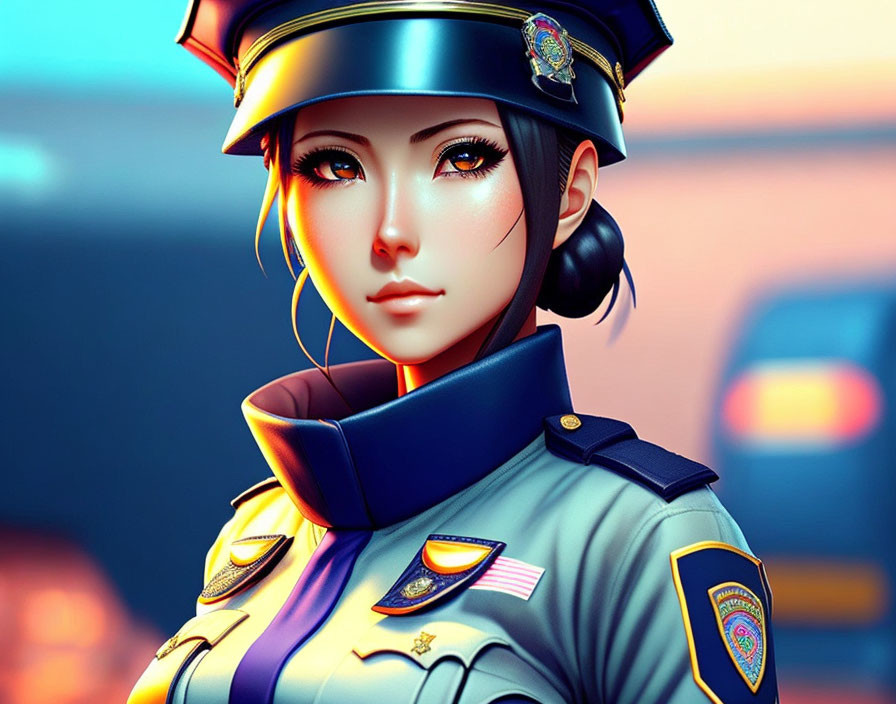 Vibrant digital artwork: Female character in police uniform with cityscape background