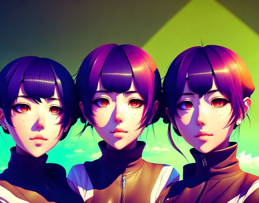 Stylized animated female characters: purple hair, red eyes, vibrant yellow and green background