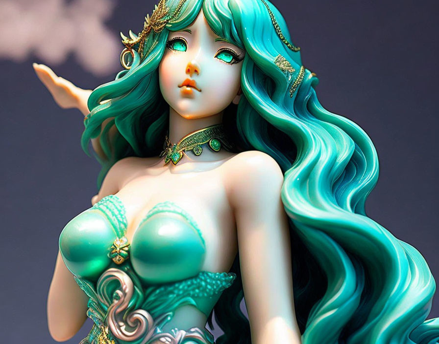 Fantasy female figurine with turquoise hair and elven ears