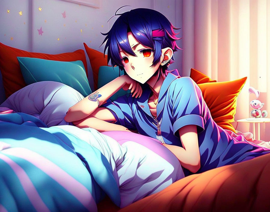 Dark Blue-Haired Animated Character Resting on Colorful Pillow Bed in Pink Room
