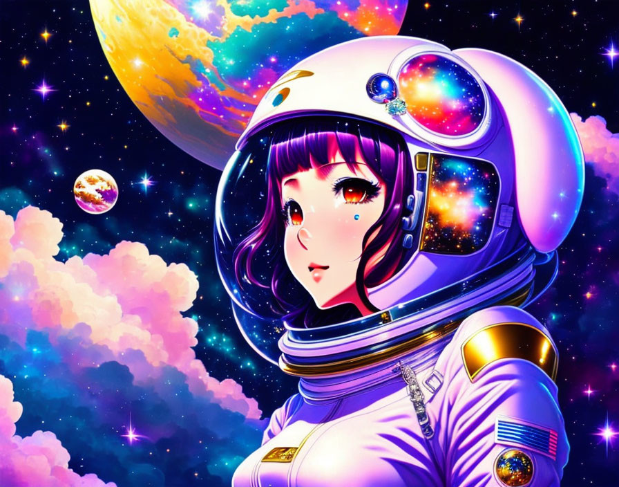 Astronaut girl in anime style with reflective helmet in cosmic scene