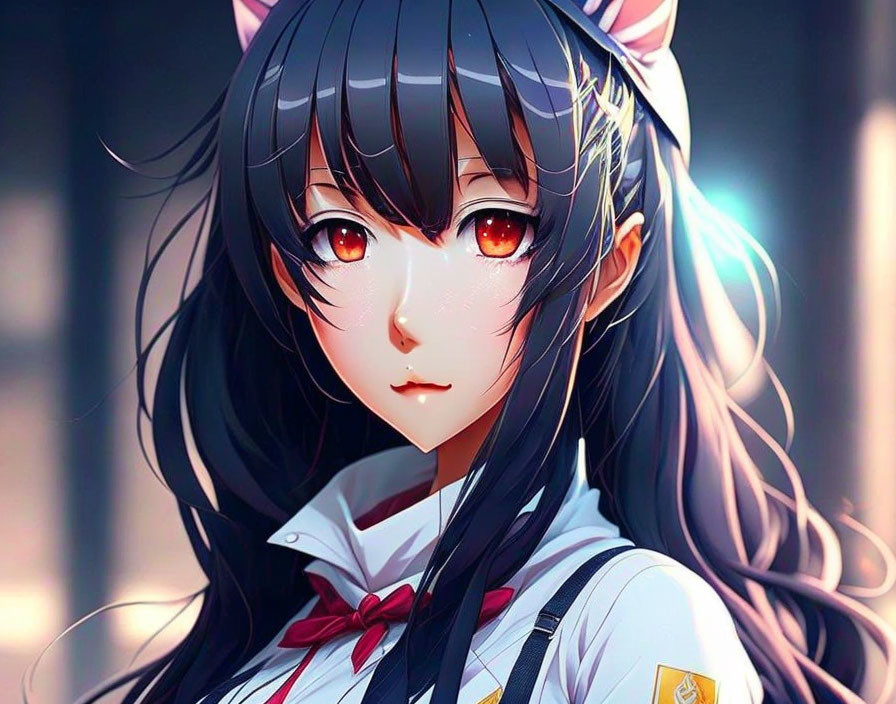 Long black hair, red eyes, cat ears, white shirt with red bow tie, badge.
