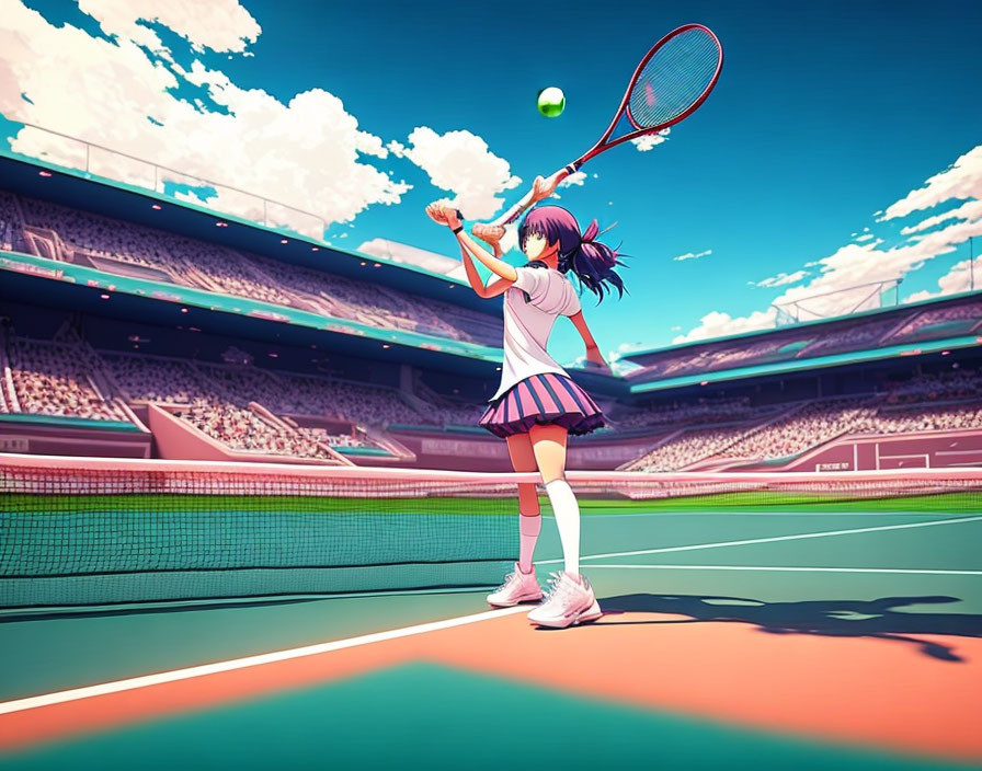 Female tennis player in pink skirt and white top ready to hit tennis ball in sunlit stadium