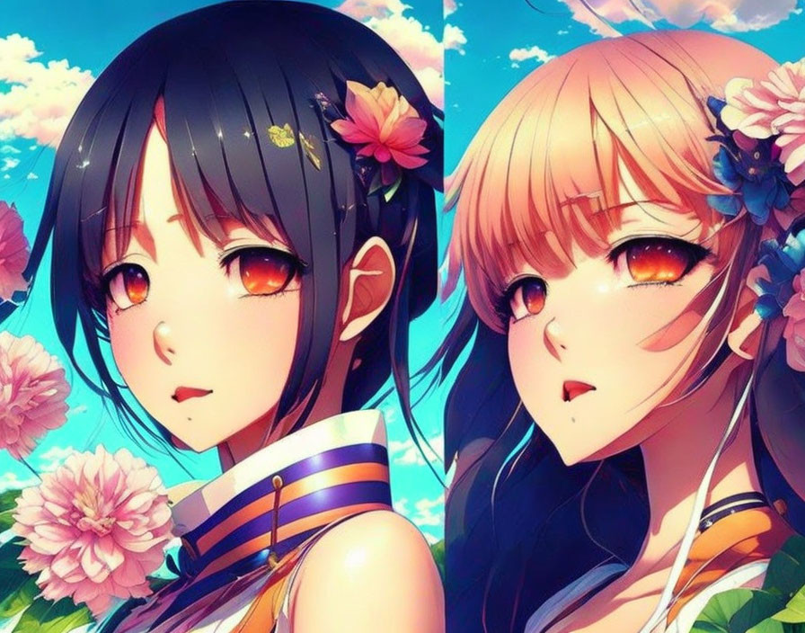 Anime girls with floral hair adornments under blue sky