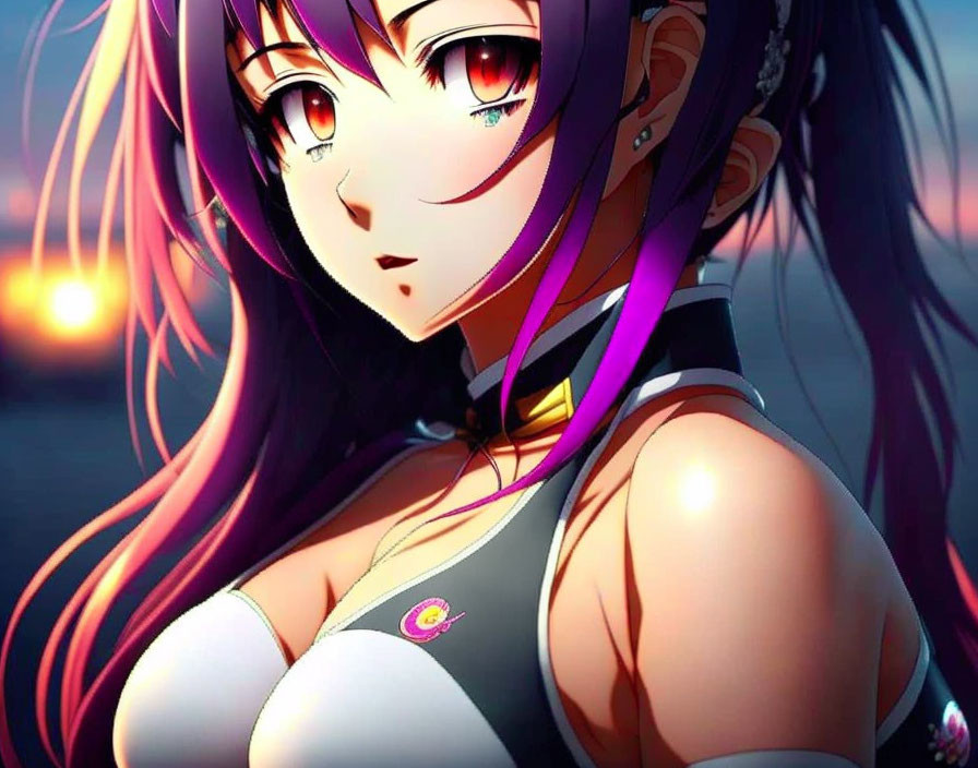 Purple-haired anime character with red eyes, gray top, in sunset setting.