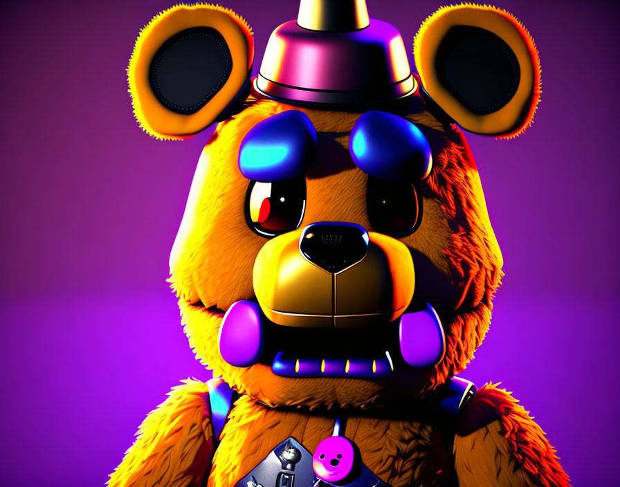 Robotic bear with golden fur and blue eyes on purple background