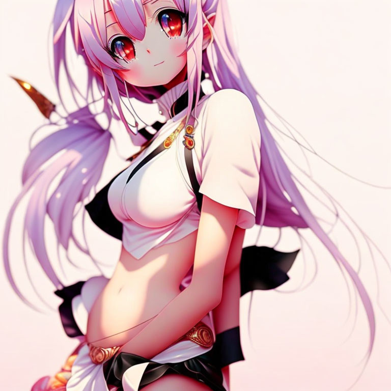 Purple-haired anime girl in black and white outfit with gold details and red eyes.