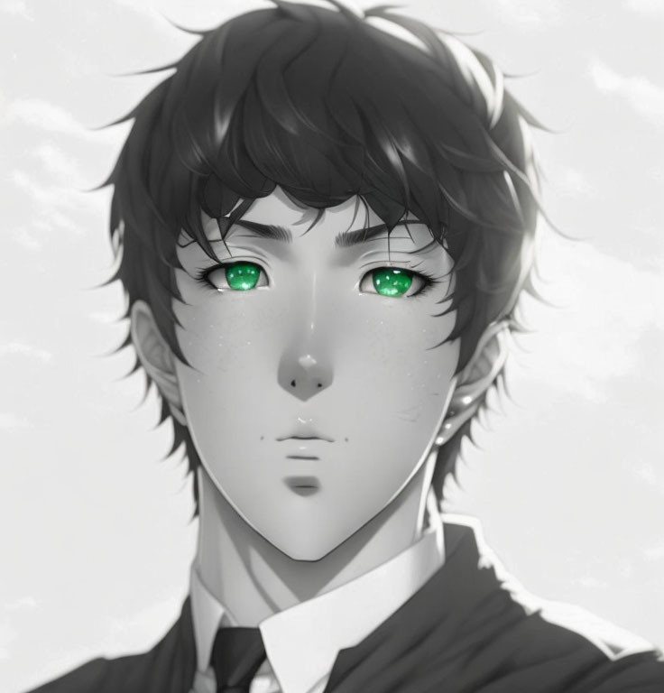Monochrome illustration of a person with green eyes, dark hair, shirt, tie, slight frown
