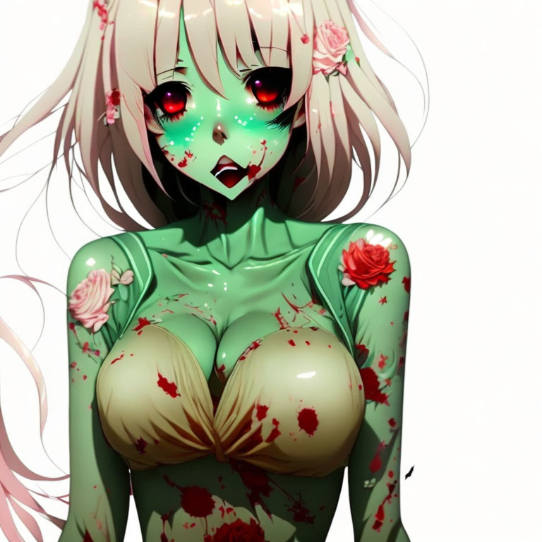 Anime-style character with green eyes, floral accents, and rose-patterned green bodysuit