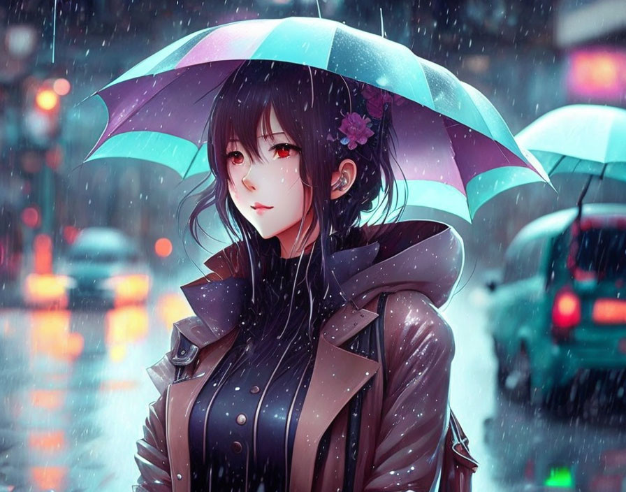 Multicolored umbrella anime girl in rain with city lights