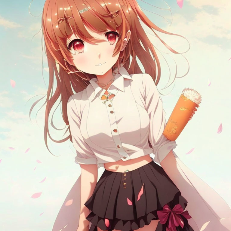 Brown-haired anime girl with amber eyes holding a diploma in white shirt and black skirt, surrounded by pink