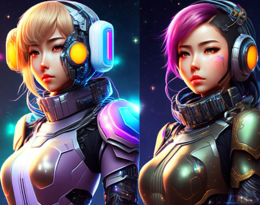 Futuristic female characters in neon-lit armor with advanced headphones