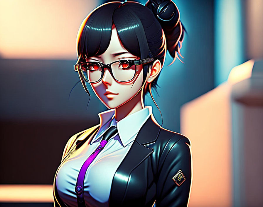 Digital artwork of a female character in glasses and ponytail in neon-lit scene