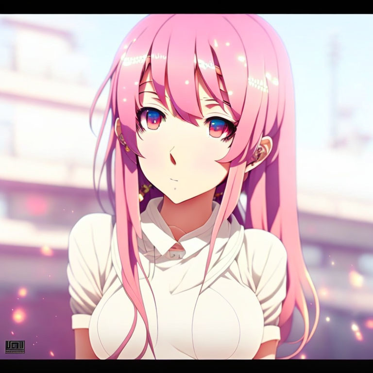 Anime-style girl with pink hair and blue eyes in white shirt and tie.