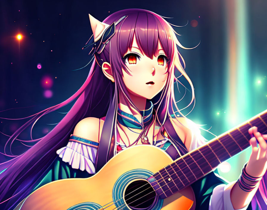 Anime-style Illustration of Girl with Long Purple Hair and Cat Ears Playing Acoustic Guitar