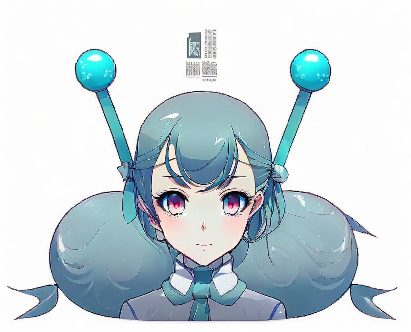 Blue-haired girl with antenna-like adornments and expressive eyes in pink and blue.