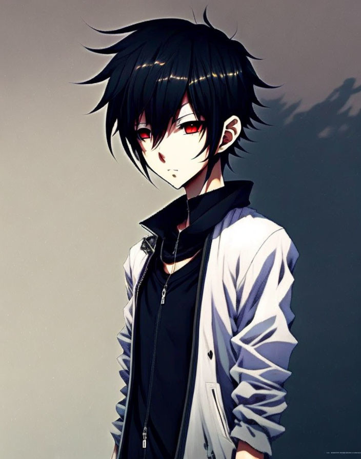 Spiky black hair, red eyes, black shirt, white jacket, dark collar.