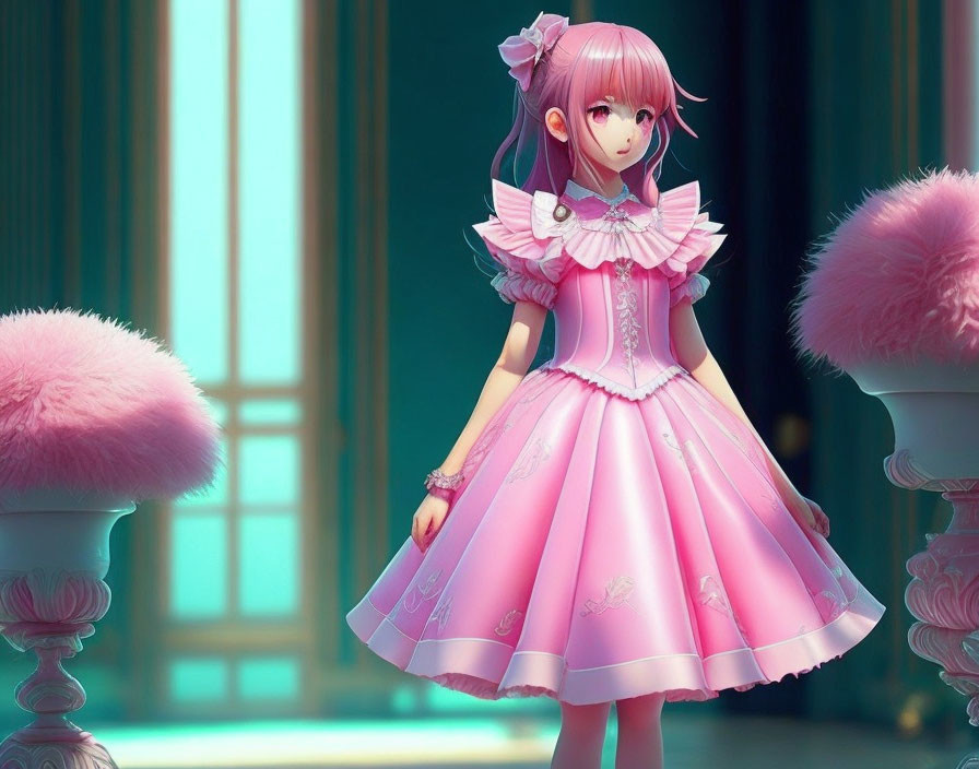 Pink-haired anime girl in elaborate pink dress in room with tall windows and fluffy decorations
