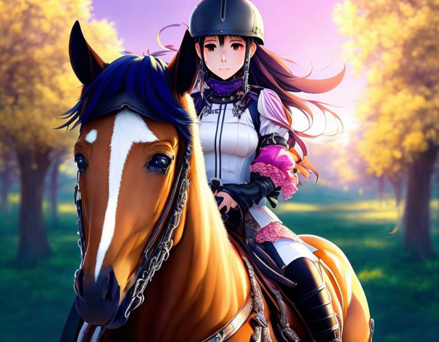 Female Knight Riding Brown Horse Through Vibrant Purple Forest