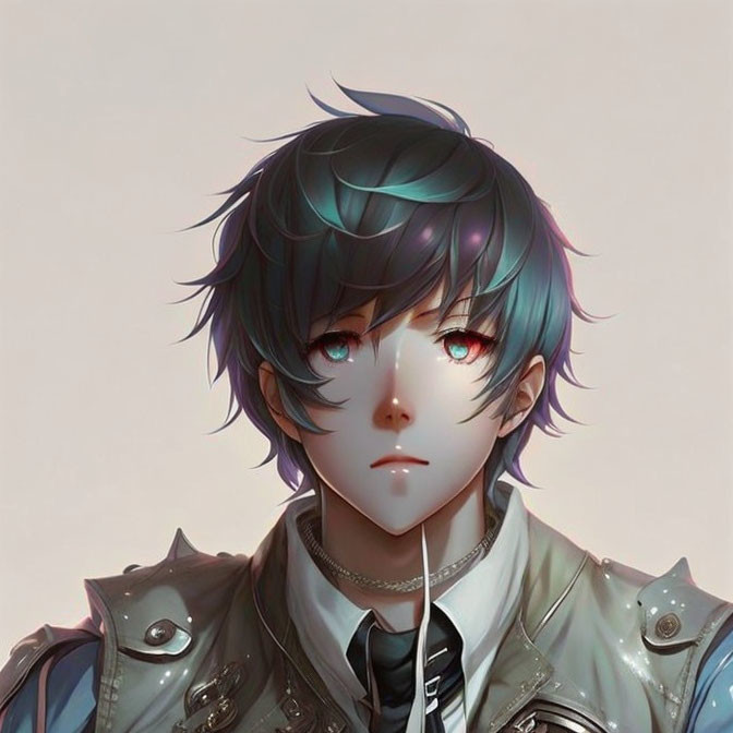 Illustrated character with dark hair, red eyes, silver jacket, and chain accessory