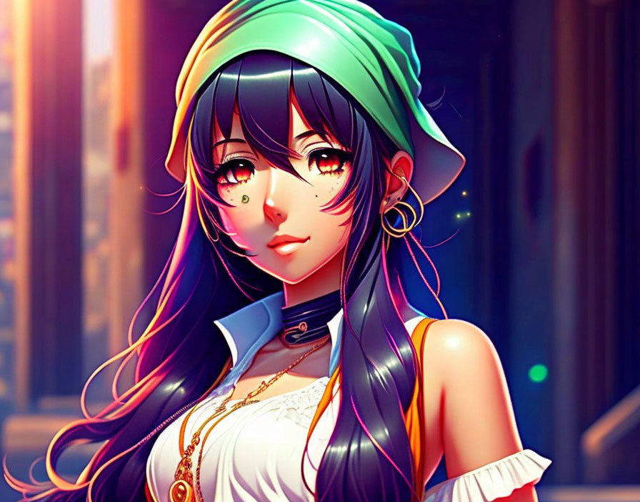 Anime-style female character with long dark hair, red eyes, green headscarf, gold jewelry,