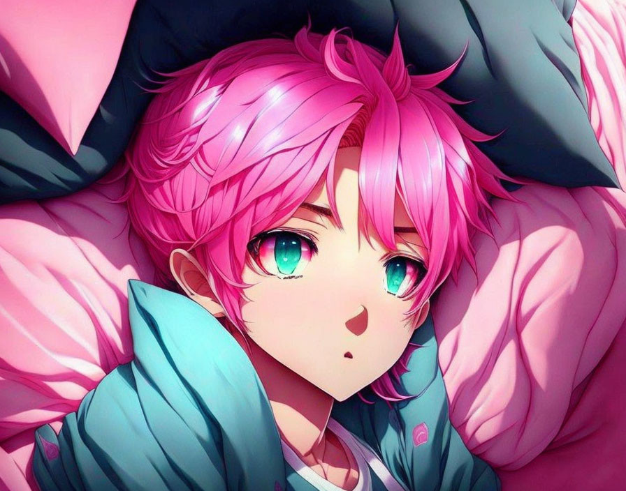 Detailed close-up of character with pink hair and green eyes in soft pink surroundings