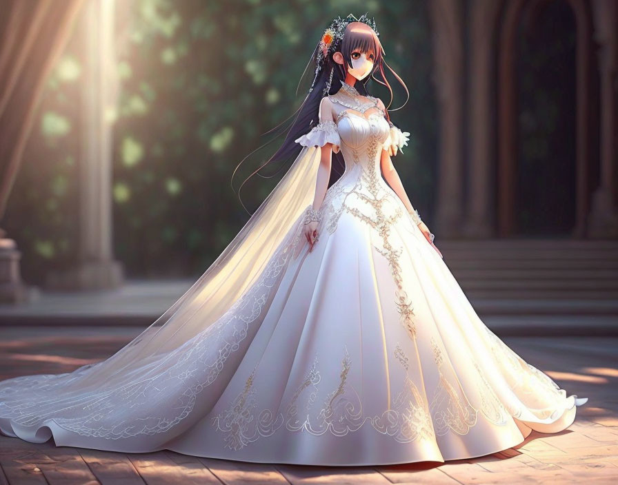 Bride in white gown with long veil in gothic setting