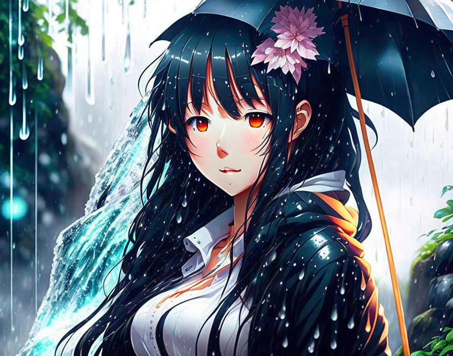 Long-haired anime girl with black umbrella in rain, amber eyes, pink flower.