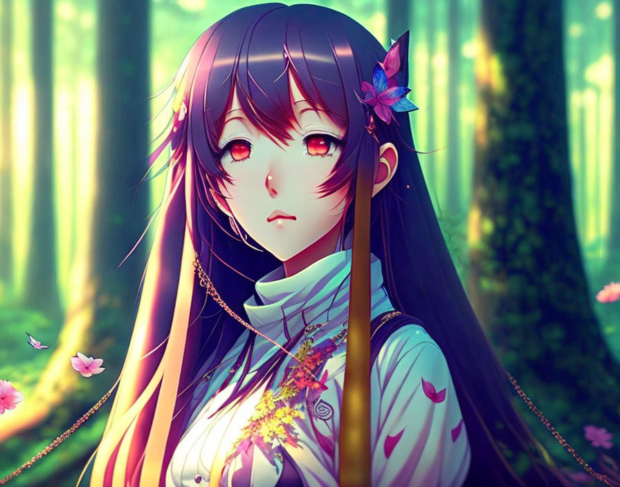 Long-haired anime girl in forest with sunlight and butterflies
