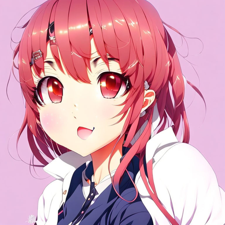 Reddish-Pink Haired Anime Girl in School Uniform Smiling
