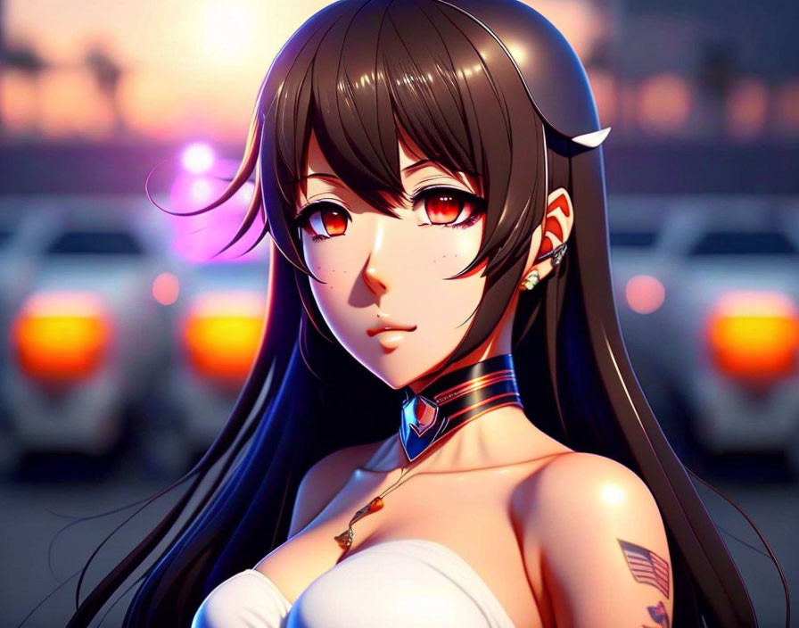 Brown-Haired Female Anime Character with Red Eyes and Choker in Blurred Car Light Background