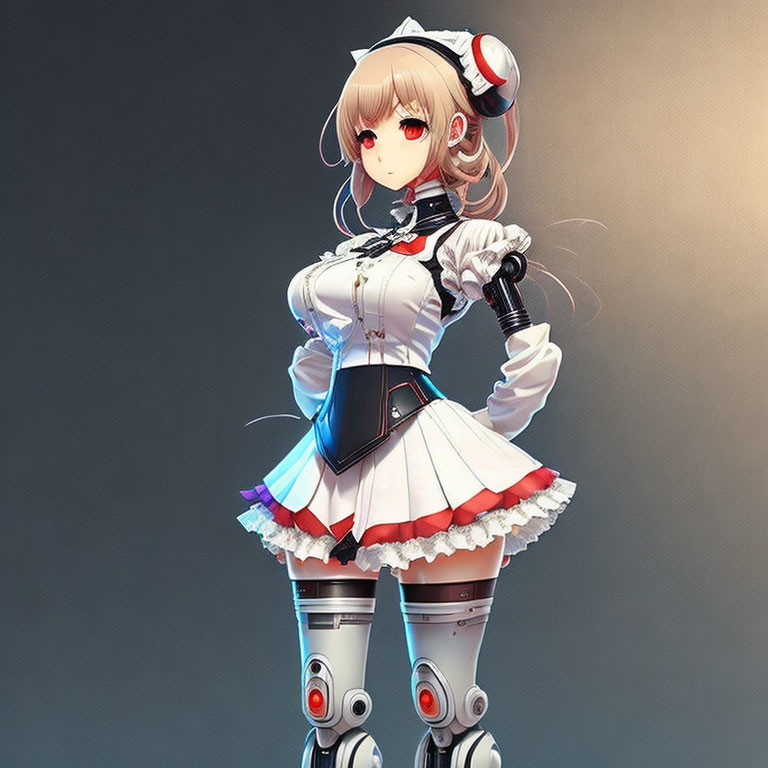 Maid character with robotic legs in white and black outfit