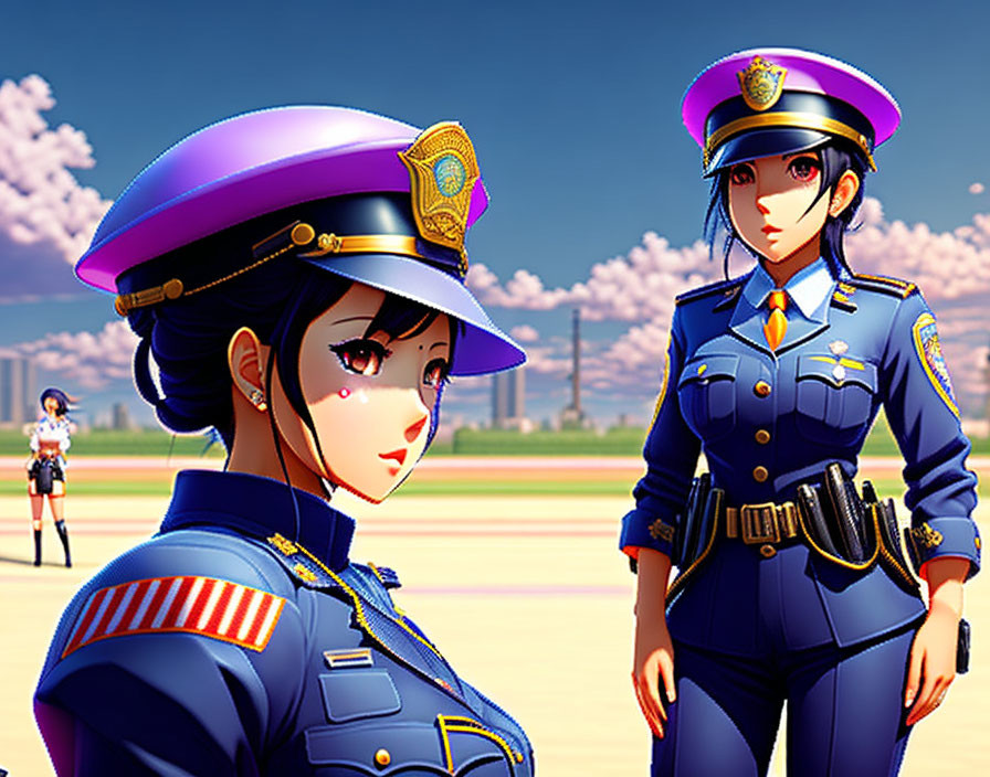 Colorful Anime-Style Police Characters in Cherry Blossom Landscape