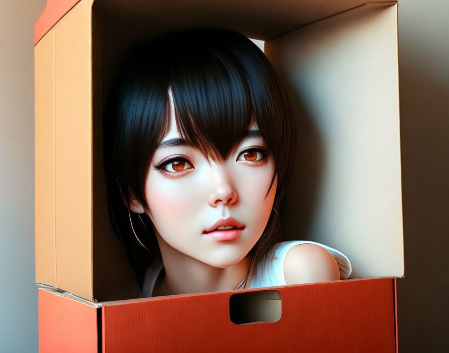 Digital illustration: Young woman with expressive eyes in cardboard box under warm light