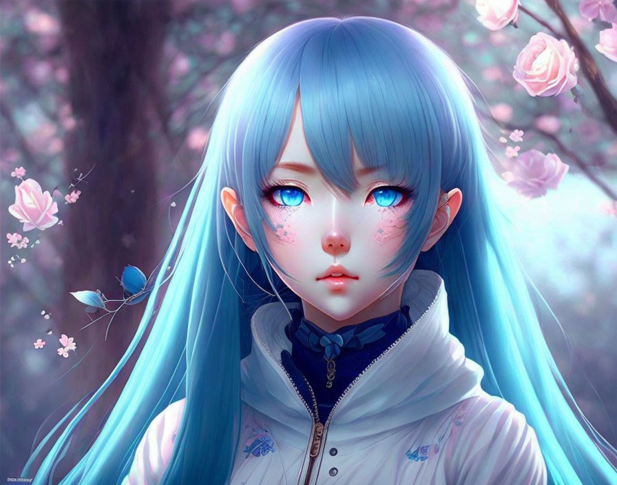 Digital Artwork: Female Character with Blue Hair, Expressive Eyes, Pink Blossoms, Butterflies