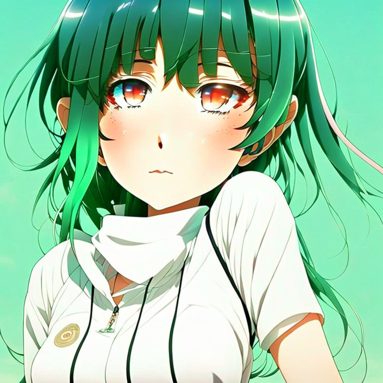 Anime girl with long green hair, red eyes, white top, scarf, and golden pin