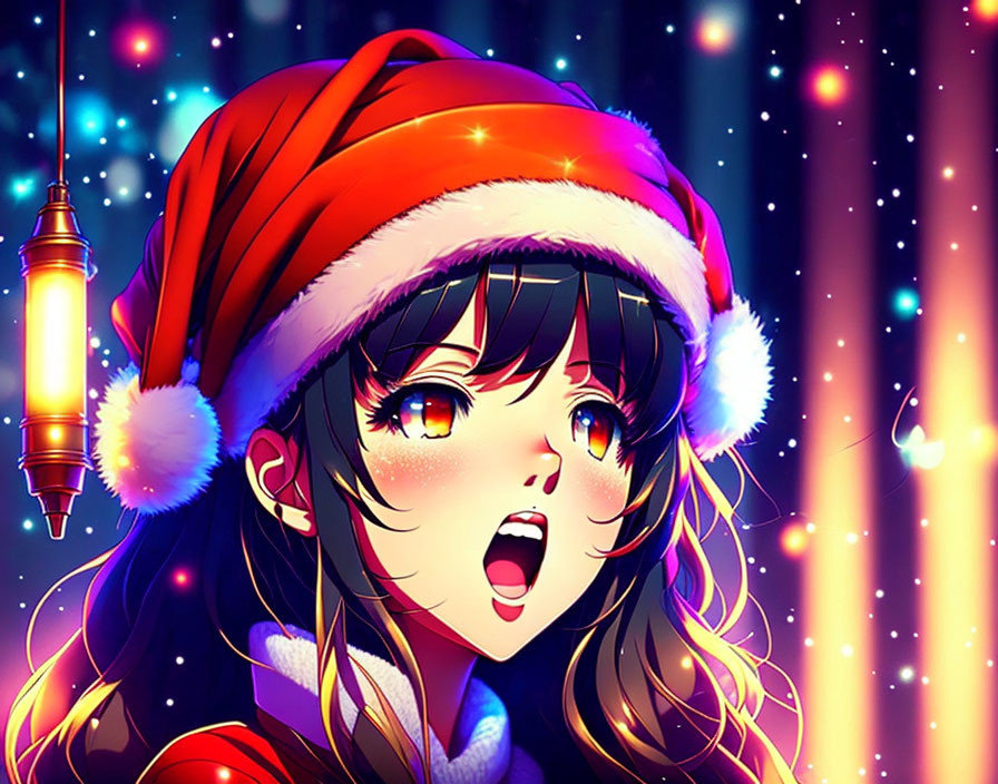 Festive anime girl with sparkling eyes and Santa hat among colorful lights