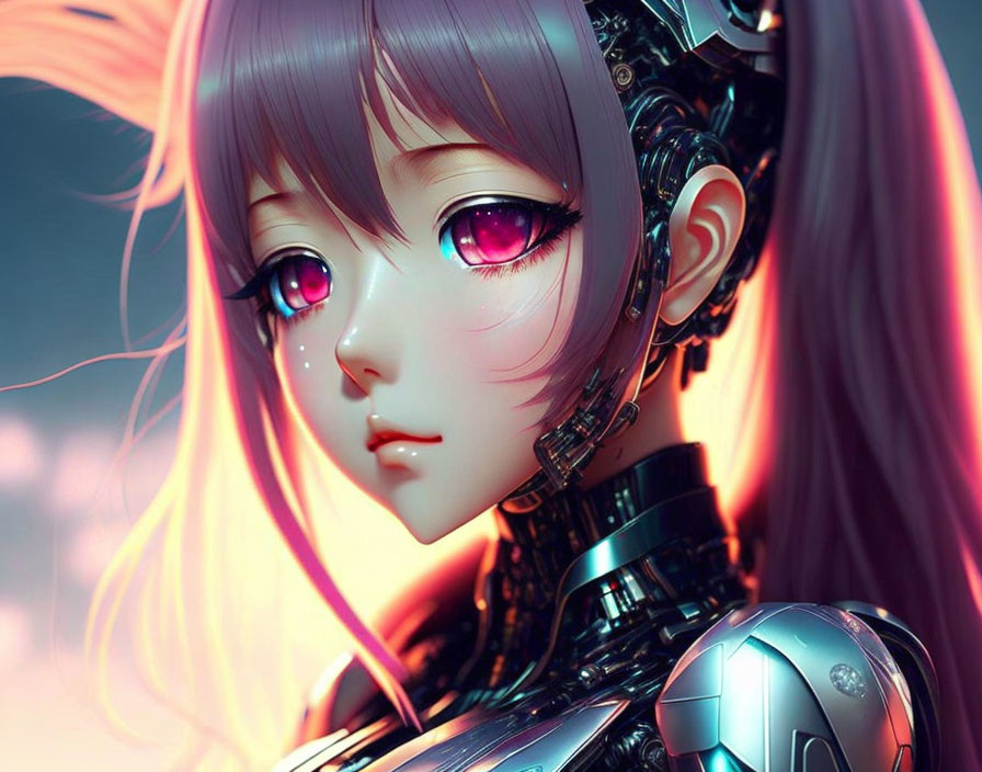 Detailed Female Cyborg Artwork with Mechanical Neck and Pink Eyes