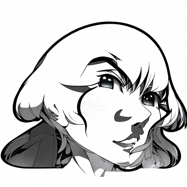 Monochrome illustration of stylized female character with short hair and large eyes