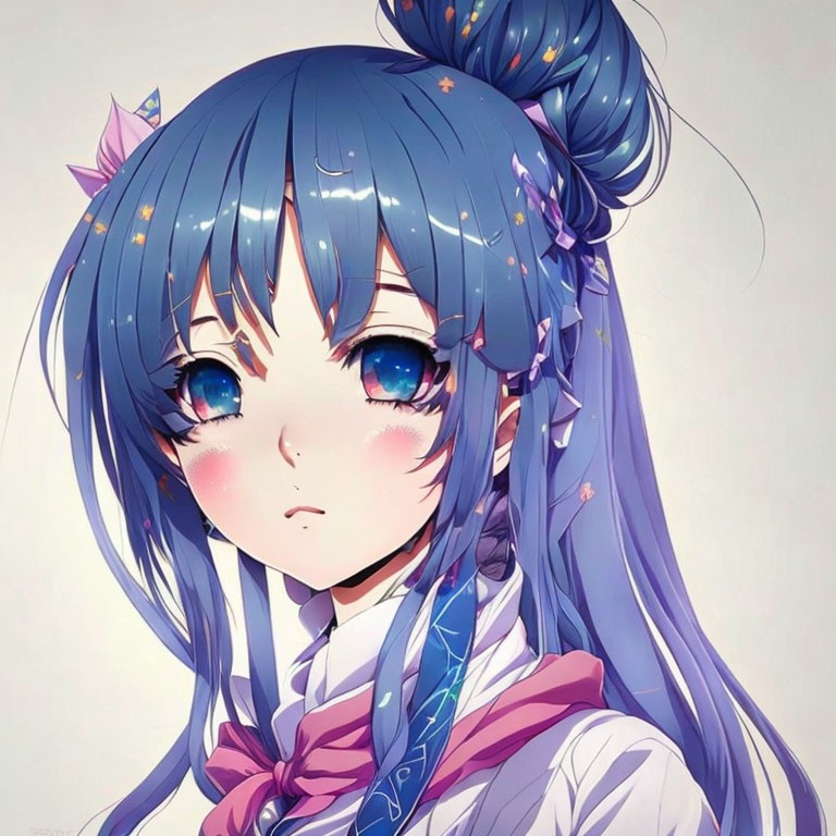 Blue-haired anime girl with star-adorned hair, big blue eyes, scarf, and crown hair