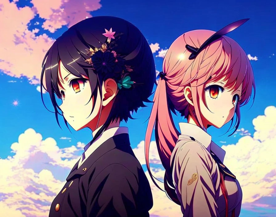 Anime girls with detailed black and pink hairstyles under colorful evening sky