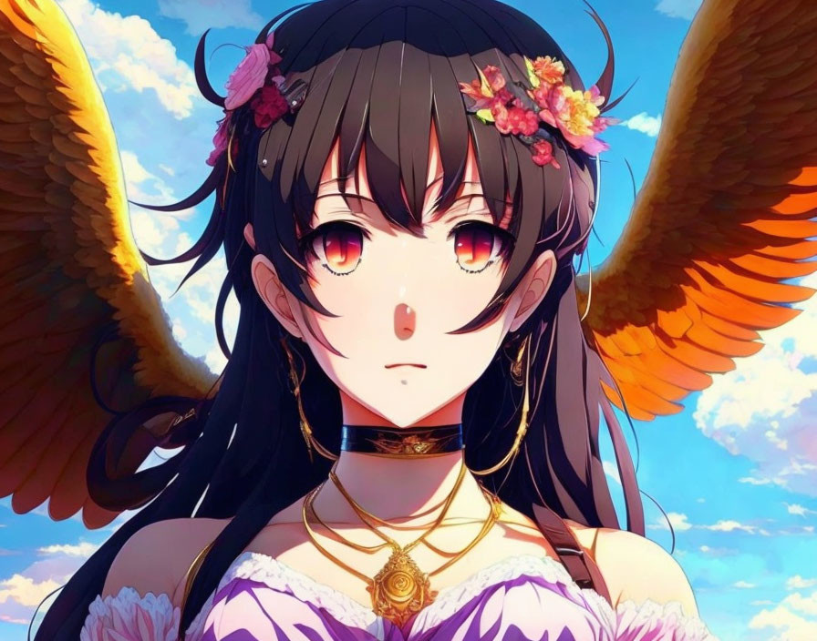 Anime-style character with black hair, red eyes, violet dress, choker, ornate hair accessories