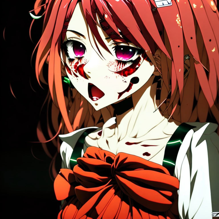 Red-haired anime girl with bow tie, crying blood on black background