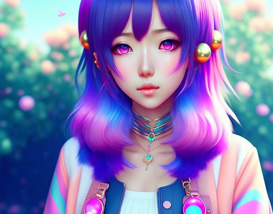 Vibrant blue and purple hair animated character with headphones in colorful outfit on greenery and flower bo