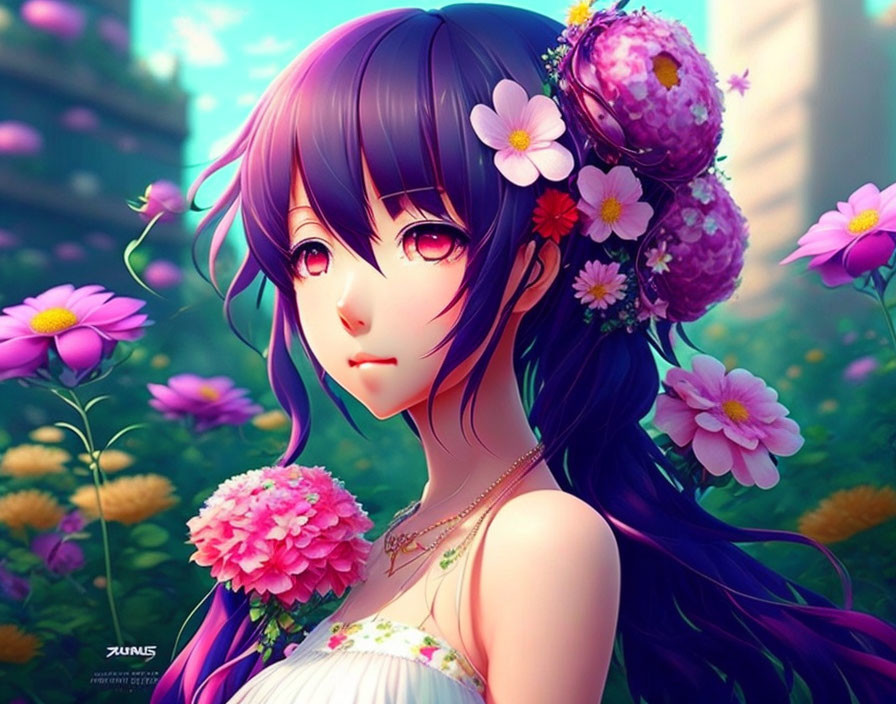 anime girl with flowers hair 