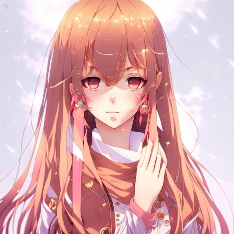 Anime girl with long brown hair, red eyes, and sparkling stars in a light brown jacket.