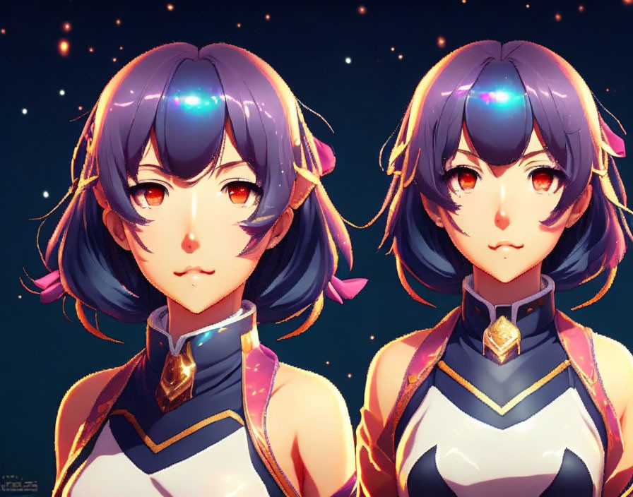 Purple-haired and red-eyed animated characters in futuristic attire on a starry backdrop