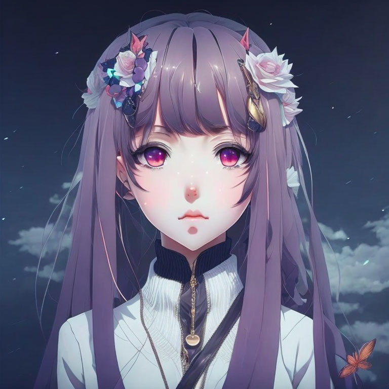 Violet-haired girl with red eyes and floral accessories in starry night scene
